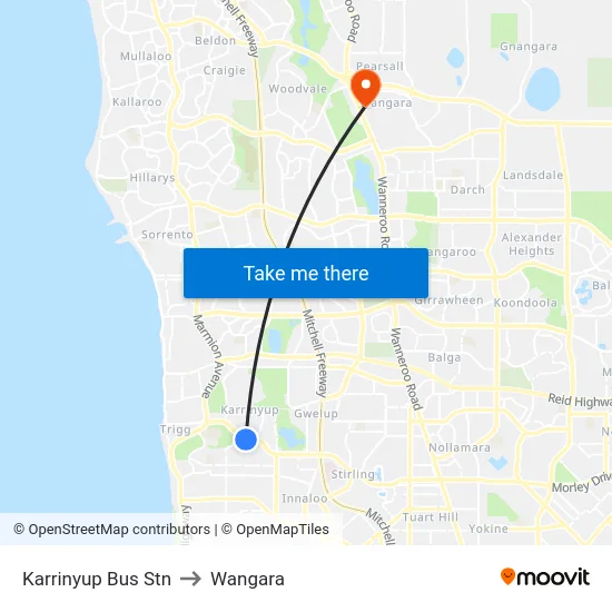 Karrinyup Bus Stn to Wangara map