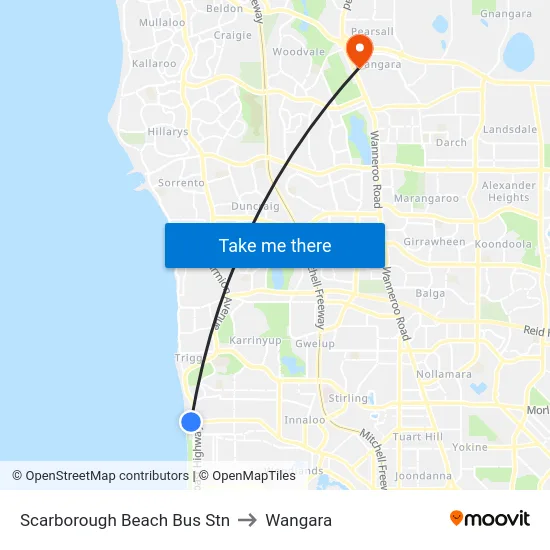Scarborough Beach Bus Stn to Wangara map