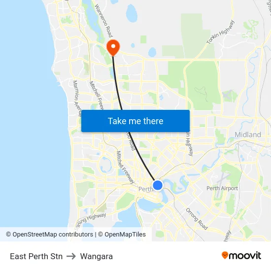 East Perth Stn to Wangara map