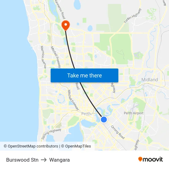 Burswood Stn to Wangara map