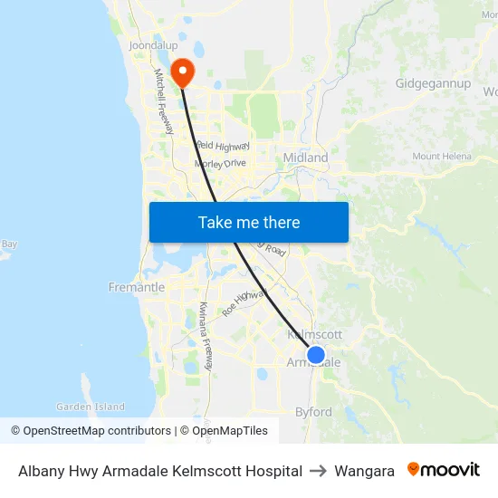 Albany Hwy Armadale Kelmscott Hospital to Wangara map