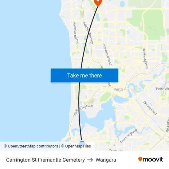 Carrington St Fremantle Cemetery to Wangara map