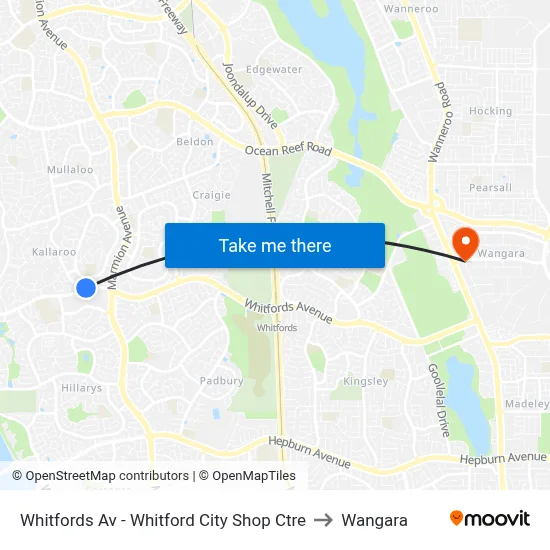 Whitfords Av - Whitford City Shop Ctre to Wangara map
