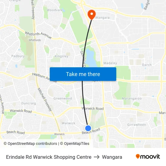 Erindale Rd Warwick Shopping Centre to Wangara map