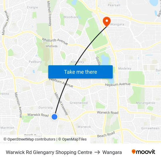 Warwick Rd Glengarry Shopping Centre to Wangara map