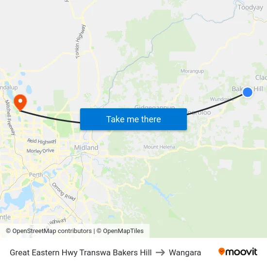 Great Eastern Hwy Transwa Bakers Hill to Wangara map