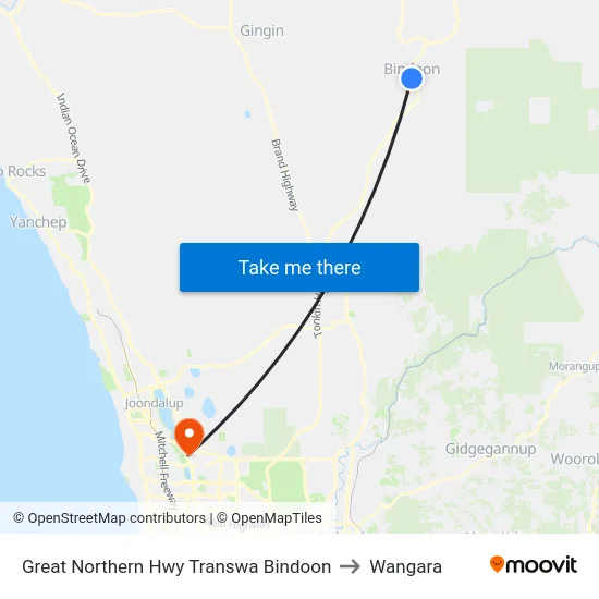 Great Northern Hwy Transwa Bindoon to Wangara map