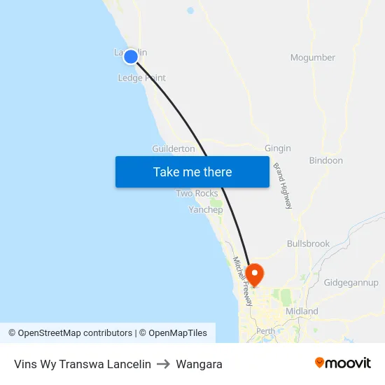 Vins Wy Transwa Lancelin to Wangara map