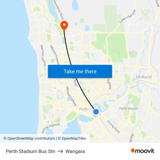 Perth Stadium Bus Stn to Wangara map