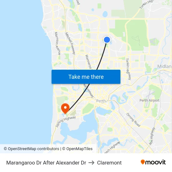 Marangaroo Dr After Alexander Dr to Claremont map
