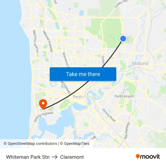 Whiteman Park Stn to Claremont map