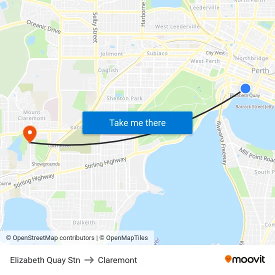 Elizabeth Quay Stn to Claremont map