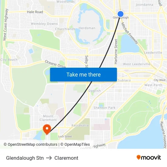 Glendalough Stn to Claremont map