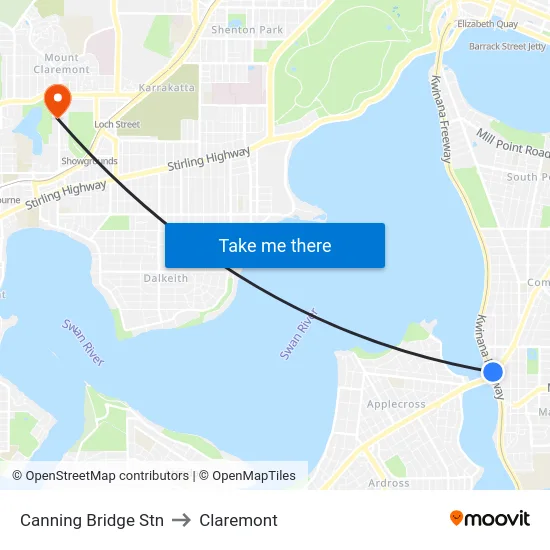 Canning Bridge Stn to Claremont map