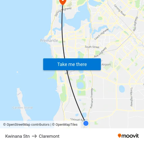 Kwinana Stn to Claremont map