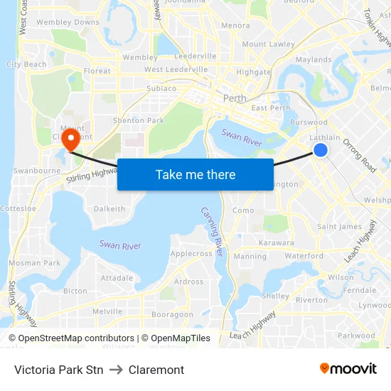 Victoria Park Stn to Claremont map