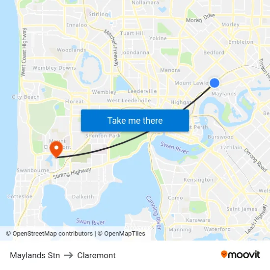 Maylands Stn to Claremont map