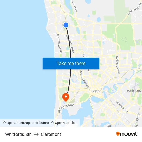 Whitfords Stn to Claremont map