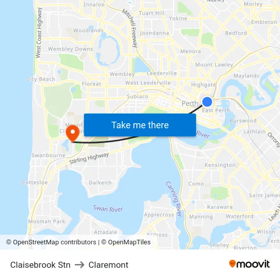 Claisebrook Stn to Claremont map