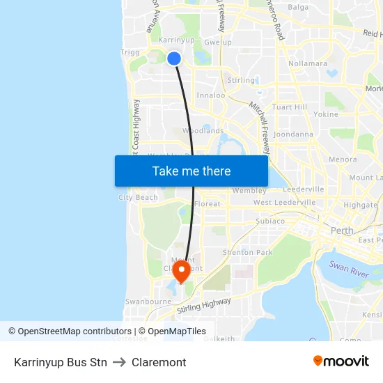 Karrinyup Bus Stn to Claremont map