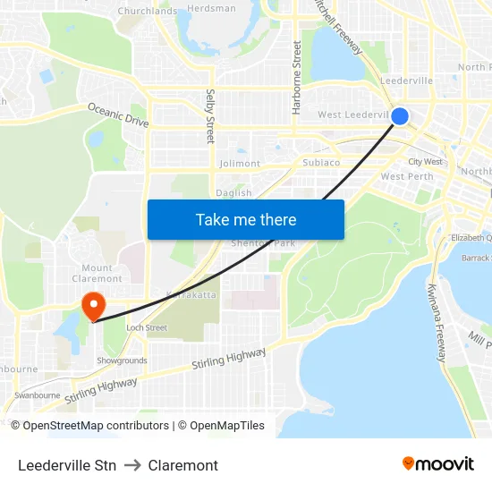 Leederville Stn to Claremont map