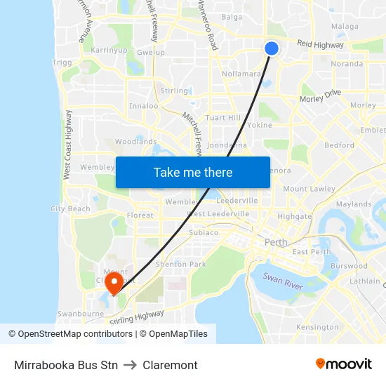 Mirrabooka Bus Stn to Claremont map