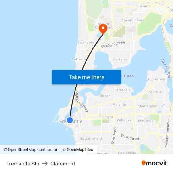 Fremantle Stn to Claremont map