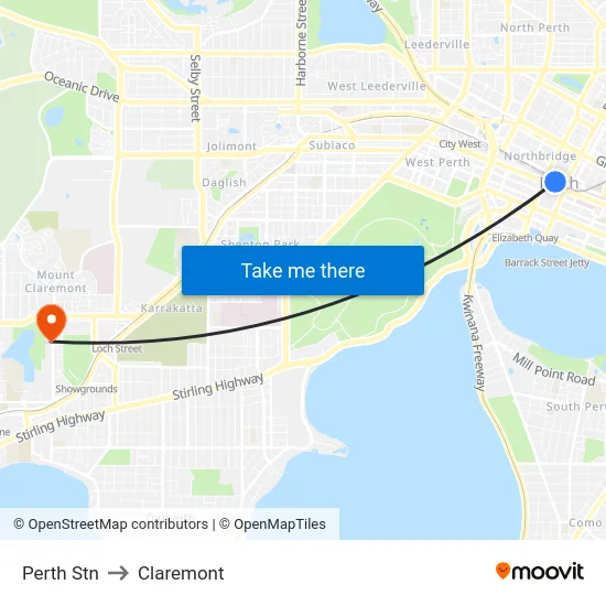 Perth Stn to Claremont map