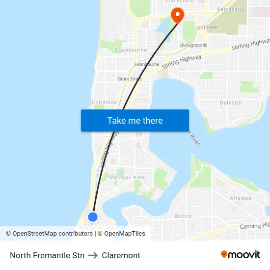 North Fremantle Stn to Claremont map