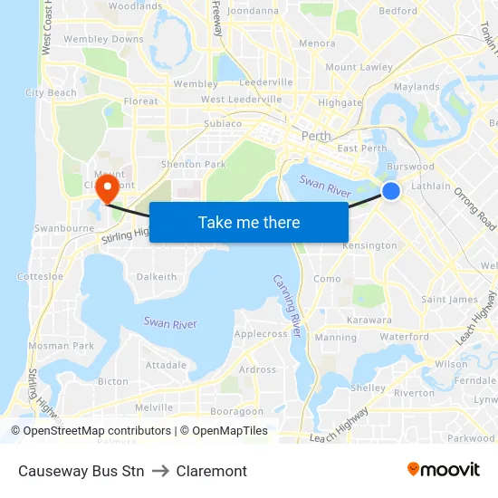 Causeway Bus Stn to Claremont map
