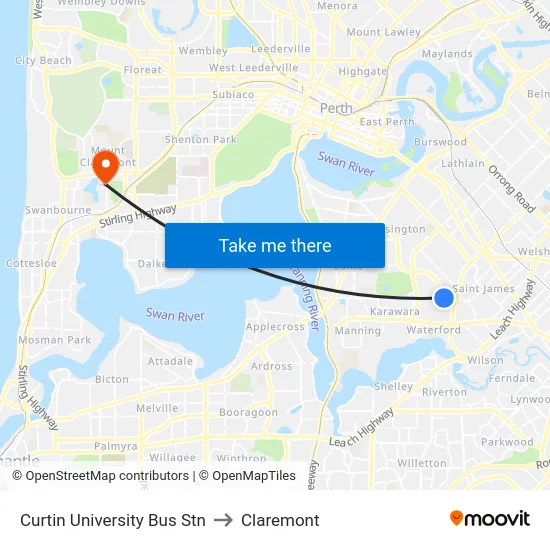 Curtin University Bus Stn to Claremont map