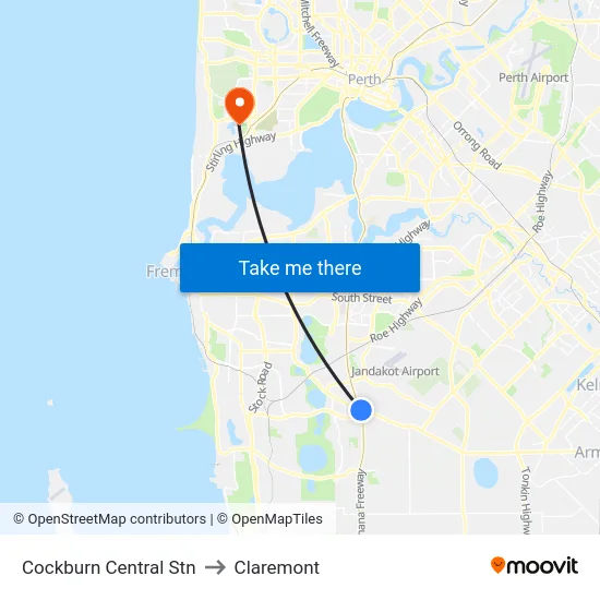 Cockburn Central Stn to Claremont map