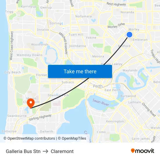 Galleria Bus Stn to Claremont map