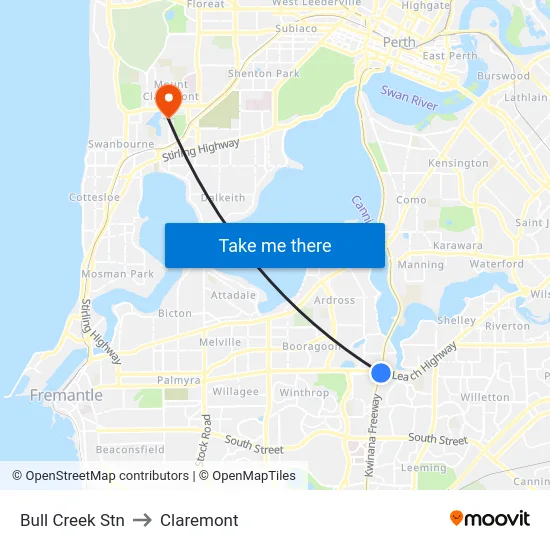 Bull Creek Stn to Claremont map