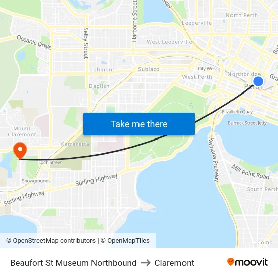 Beaufort St Museum Northbound to Claremont map