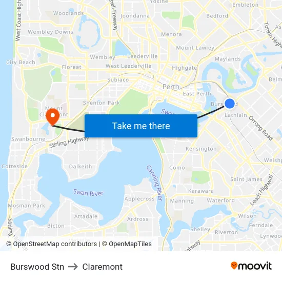 Burswood Stn to Claremont map