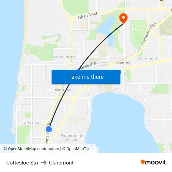 Cottesloe Stn to Claremont map