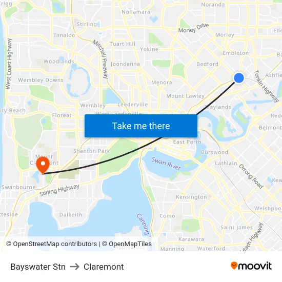 Bayswater Stn to Claremont map