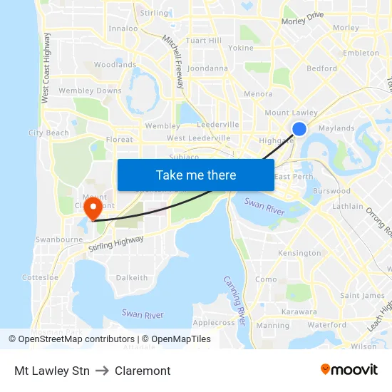 Mt Lawley Stn to Claremont map