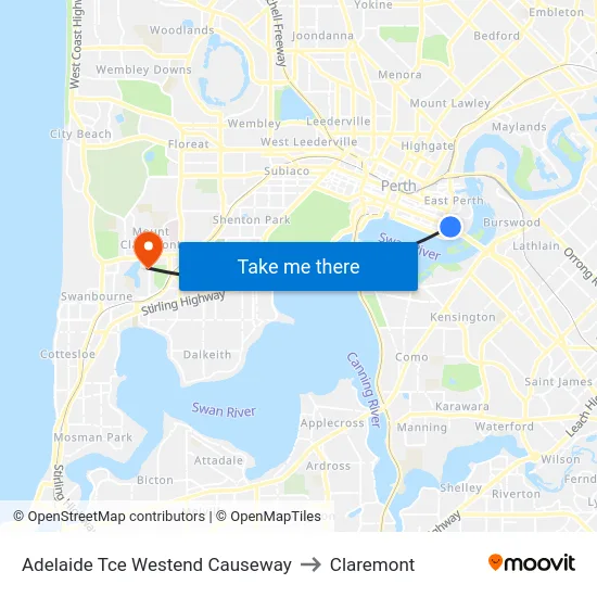Adelaide Tce Westend Causeway to Claremont map