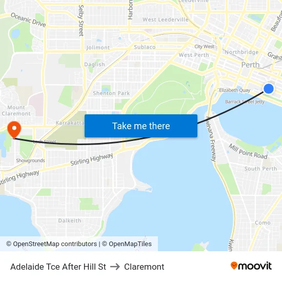 Adelaide Tce After Hill St to Claremont map