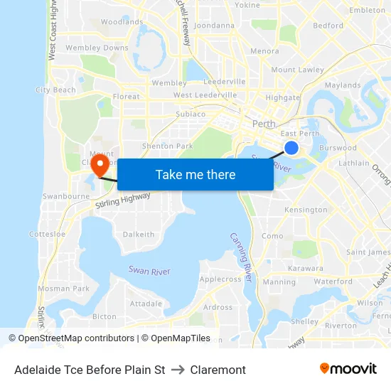 Adelaide Tce Before Plain St to Claremont map