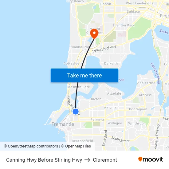 Canning Hwy Before Stirling Hwy to Claremont map