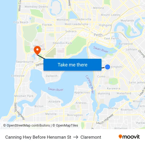 Canning Hwy Before Hensman St to Claremont map
