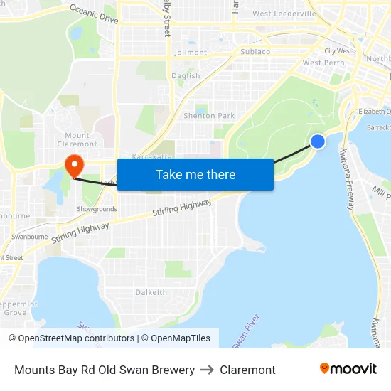 Mounts Bay Rd Old Swan Brewery to Claremont map
