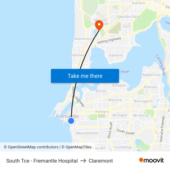 South Tce - Fremantle Hospital to Claremont map