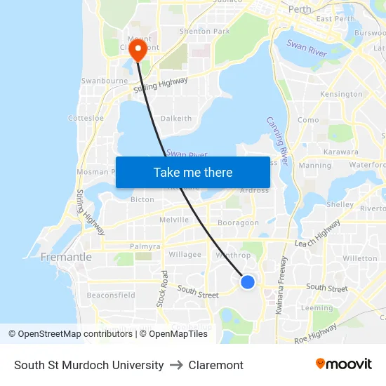 South St Murdoch University to Claremont map