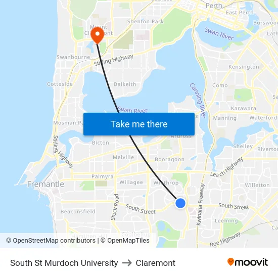 South St Murdoch University to Claremont map