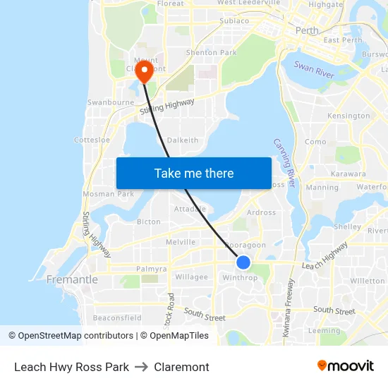 Leach Hwy Ross Park to Claremont map