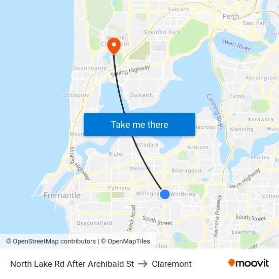 North Lake Rd After Archibald St to Claremont map